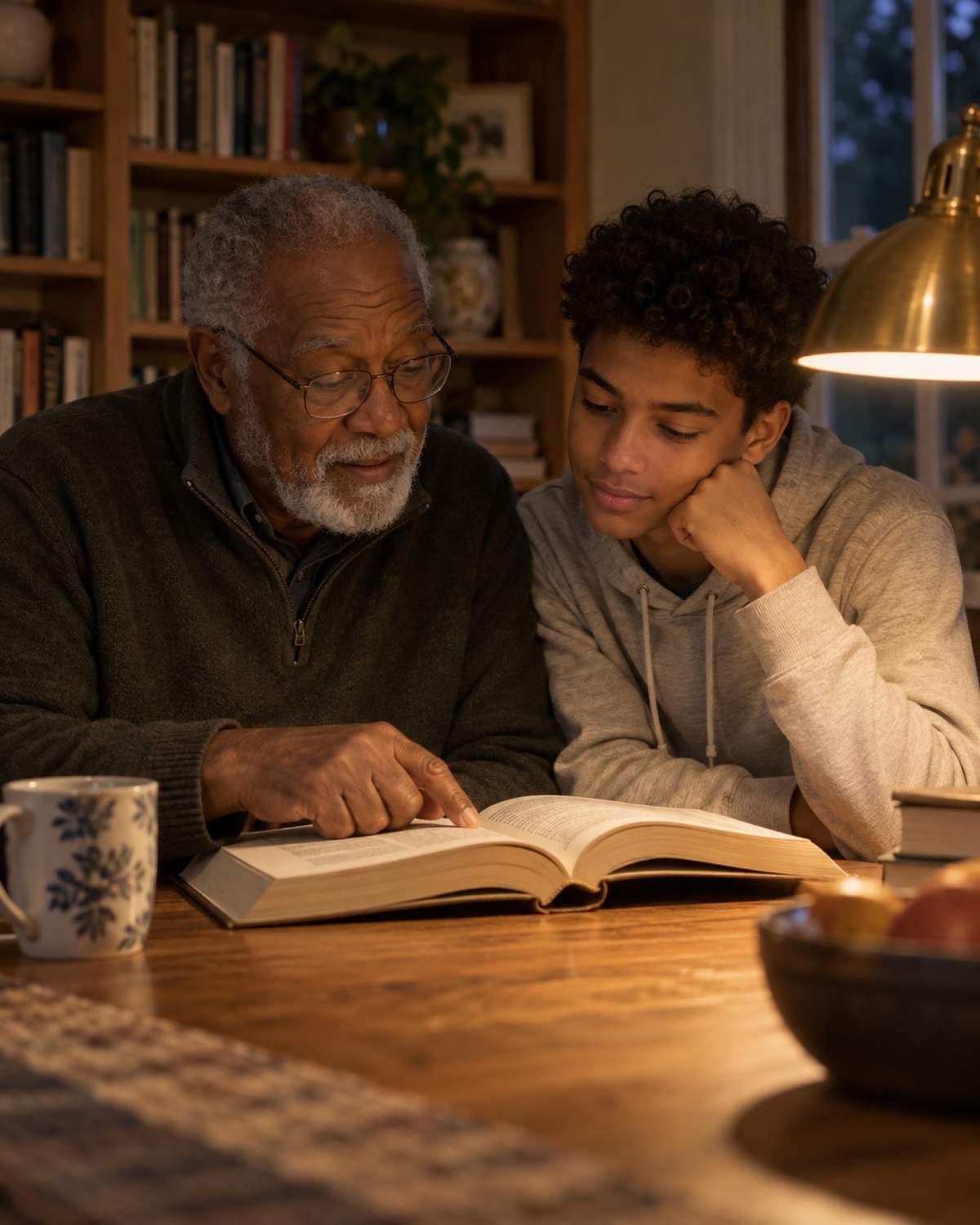 Grandfather and grandson reading